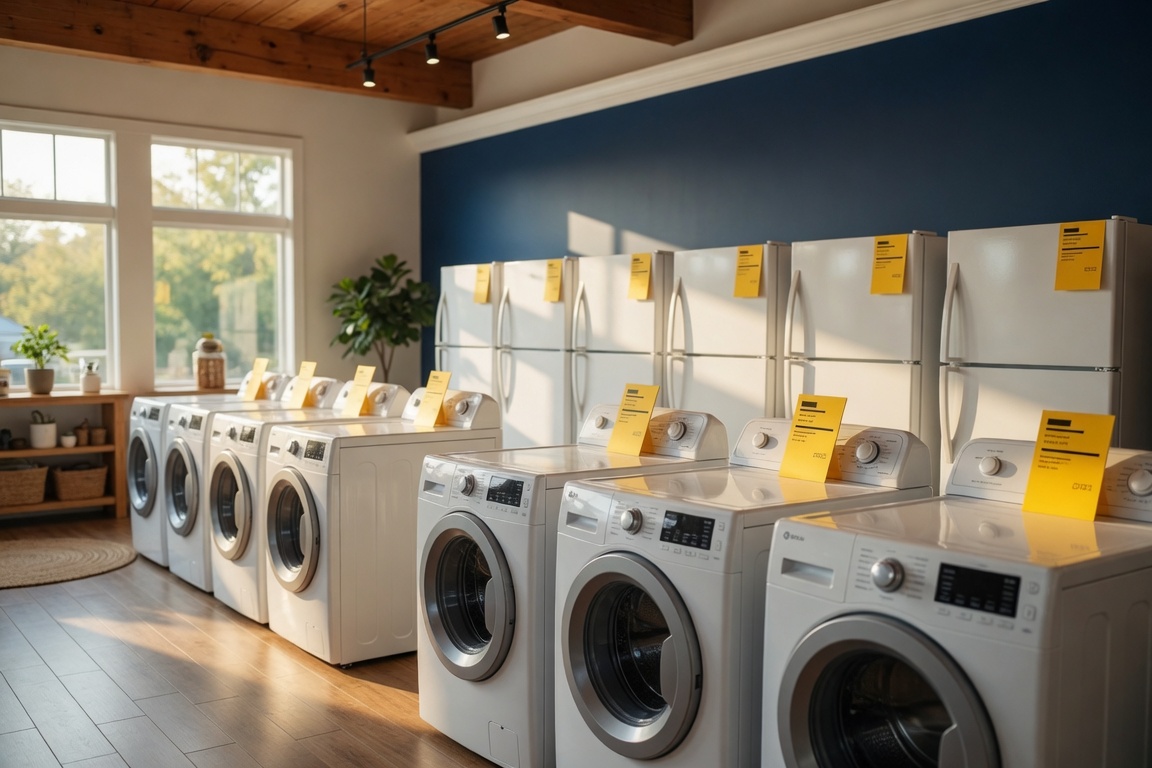 Rows of washers, dryers, and refrigerators with yellow price tags inside Value Appliances